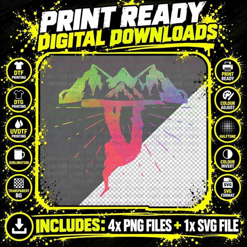 Snowboarder Mountain Silhouette T-Shirt, Iridescent Art Png SVG Digital Bundle