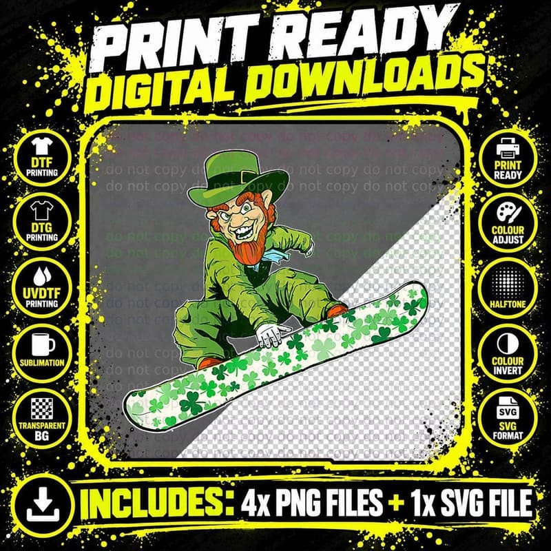 St Saint Patrick's Day Snowboard Leprechaun Snowboarding Png SVG Digital Bundle