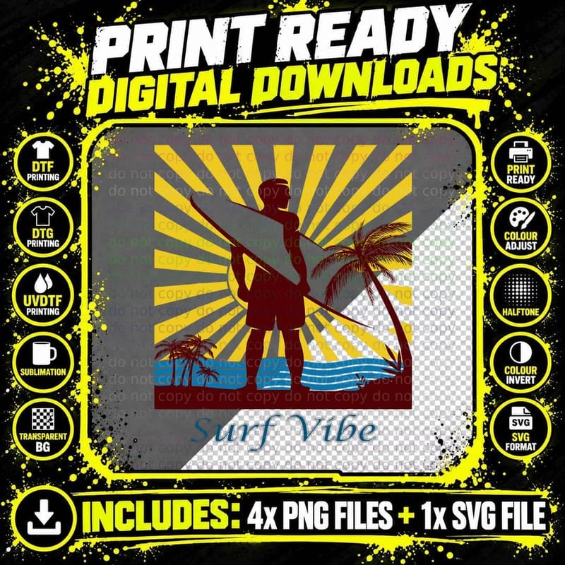 Surf Vibe, Surfer, Surf Board Mens Boys Surfing T-Shirt Png SVG Digital Bundle