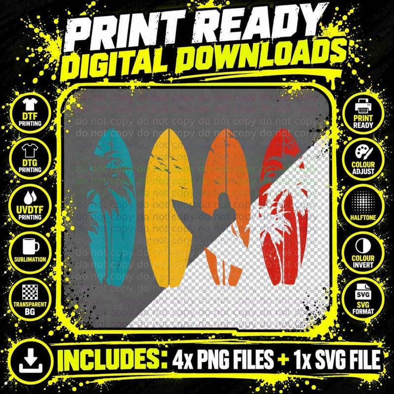 Surfer Gift Vintage Surfing Surf Board Beach Wave Rider Png SVG Digital Bundle