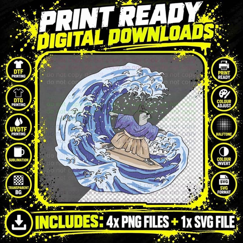 Surfing Japan Samurai Cat Vintage Surf Board T-Shirt Png SVG Digital Bundle