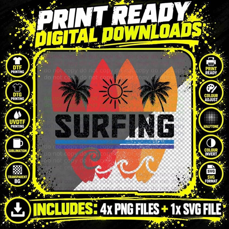 Surfing Vintage Surf Board Beach Vacation Surfer T-Shirt Png SVG Digital Bundle