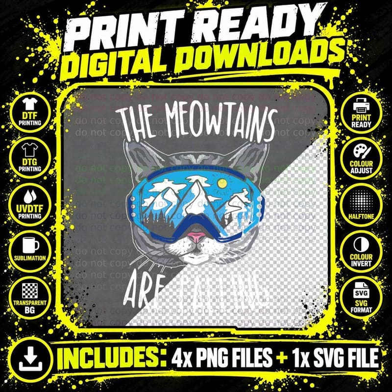 The Meowtains Are Calling Snowboard Snowboarding Png SVG Digital Bundle