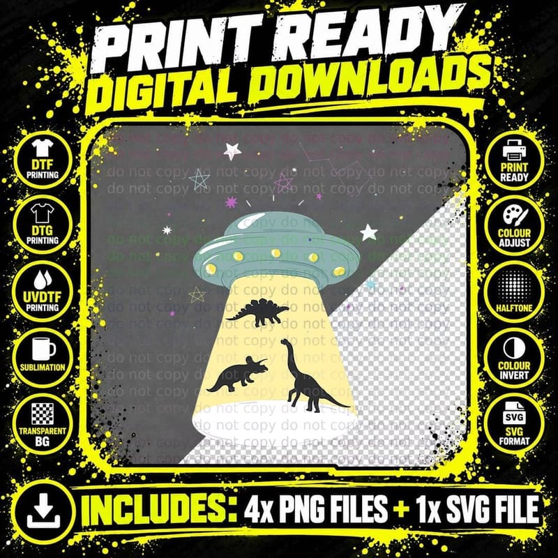 UFO Abduction Dinosaur T-Shirt, Funny Sci-Fi Humor Png SVG Digital Bundle