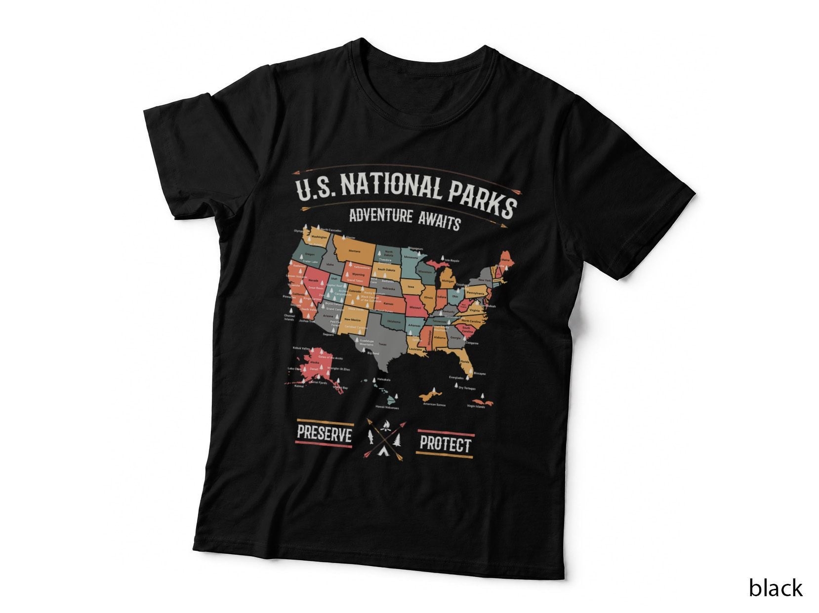 US National Parks Map Preserve Protect Hiking Camping Gift T-Shirt