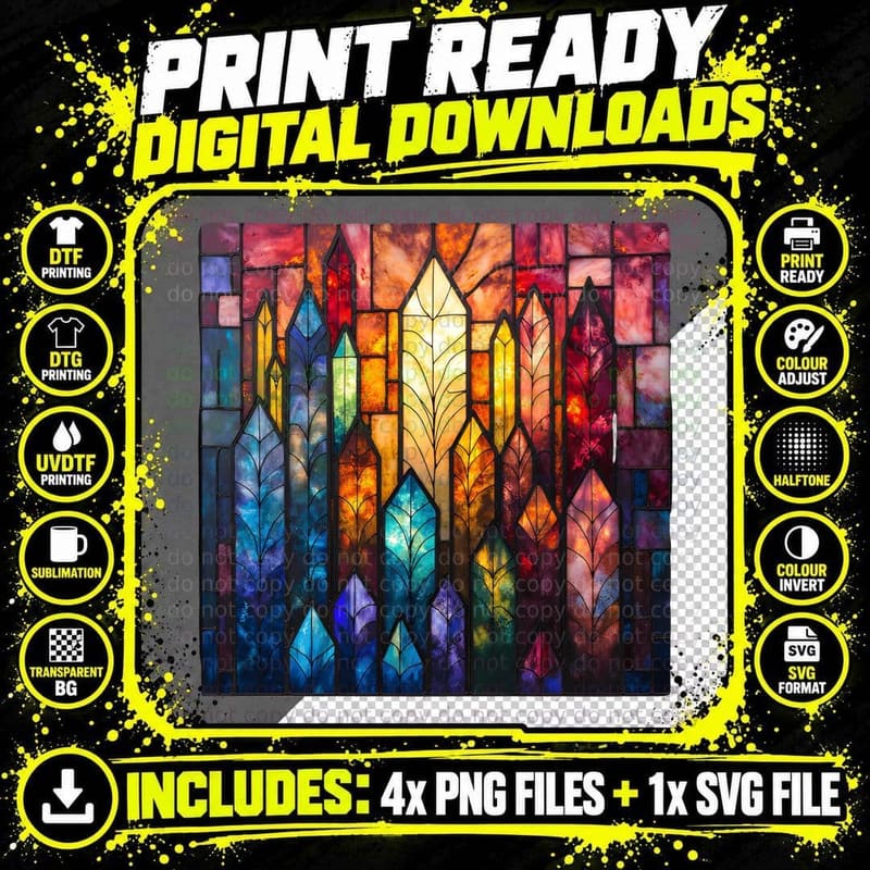 Vibrant Stained Glass Window Abstract Mountain Landscape Png SVG Digital Bundle