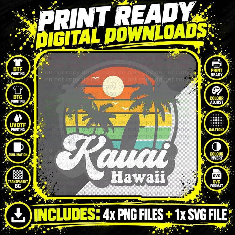 Vintage Kauai Beach Hawaii Surf Hawaiian Surfing 70's Png SVG Digital Bundle