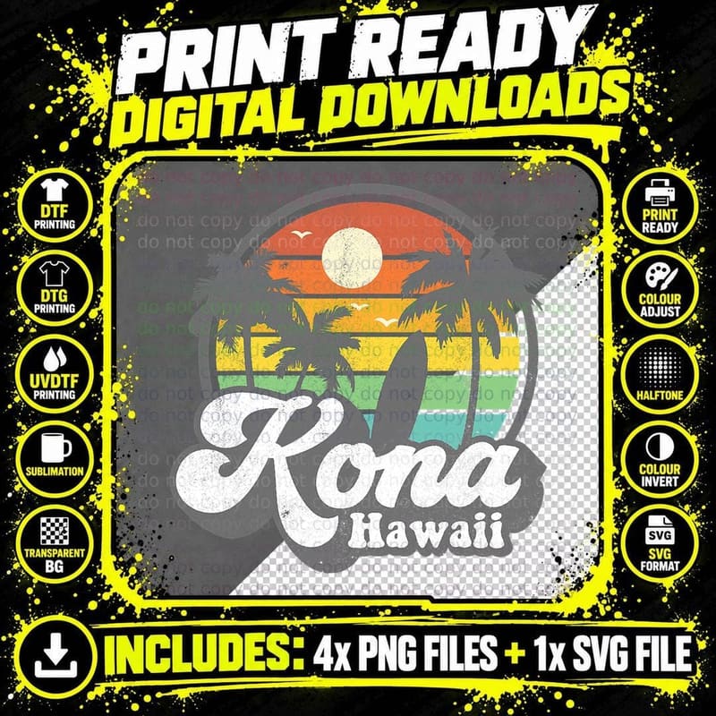 Vintage Kona Beach Hawaii Surf Hawaiian Surfing 70's Png SVG Digital Bundle