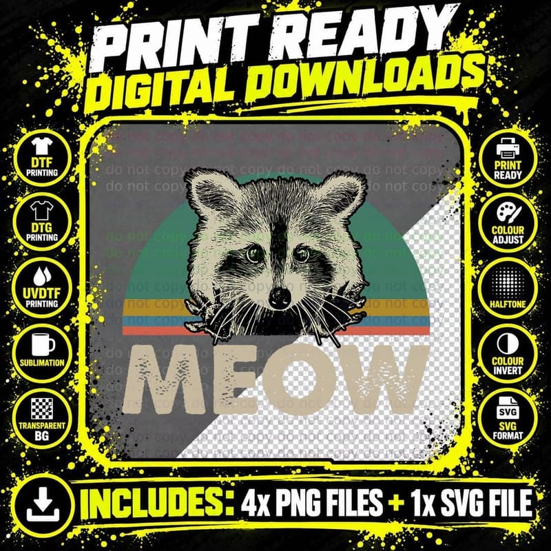 Vintage Meow Raccoon T-Shirt, Funny Camping Design Png SVG Digital Bundle