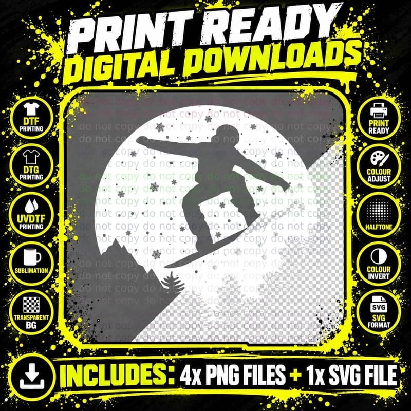 Vintage Snowboarding Mountain Moon Snowboard Lover Man Png SVG Digital Bundle
