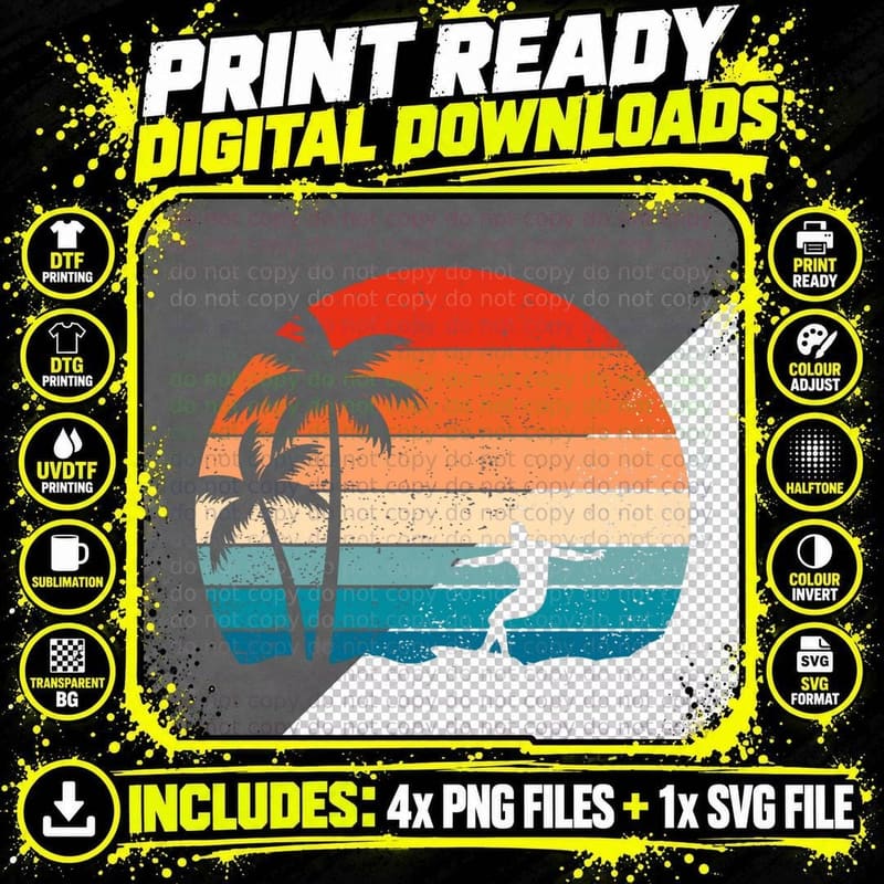 Vintage Sunset Palm Surfer Retro Surfing Beach Surf Png SVG Digital Bundle