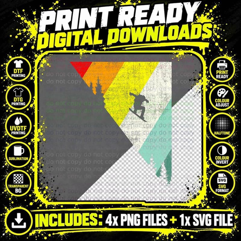 Vintage Sunset Snowboard Apparel Snowboarding Png SVG Digital Bundle