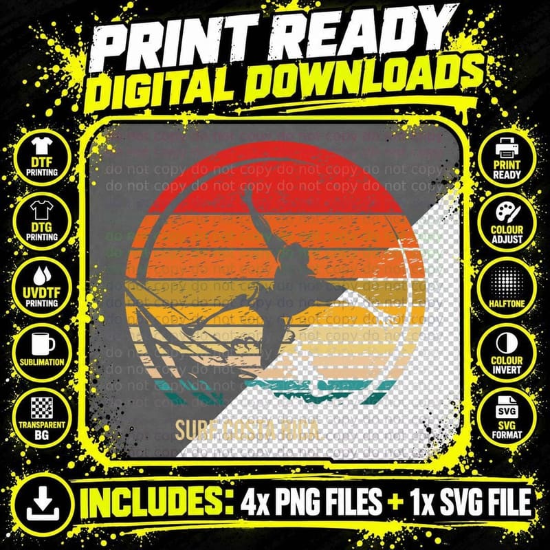 Vintage Surf Costa Rica Retro Surfer Surfing T-Shirt Png SVG Digital Bundle