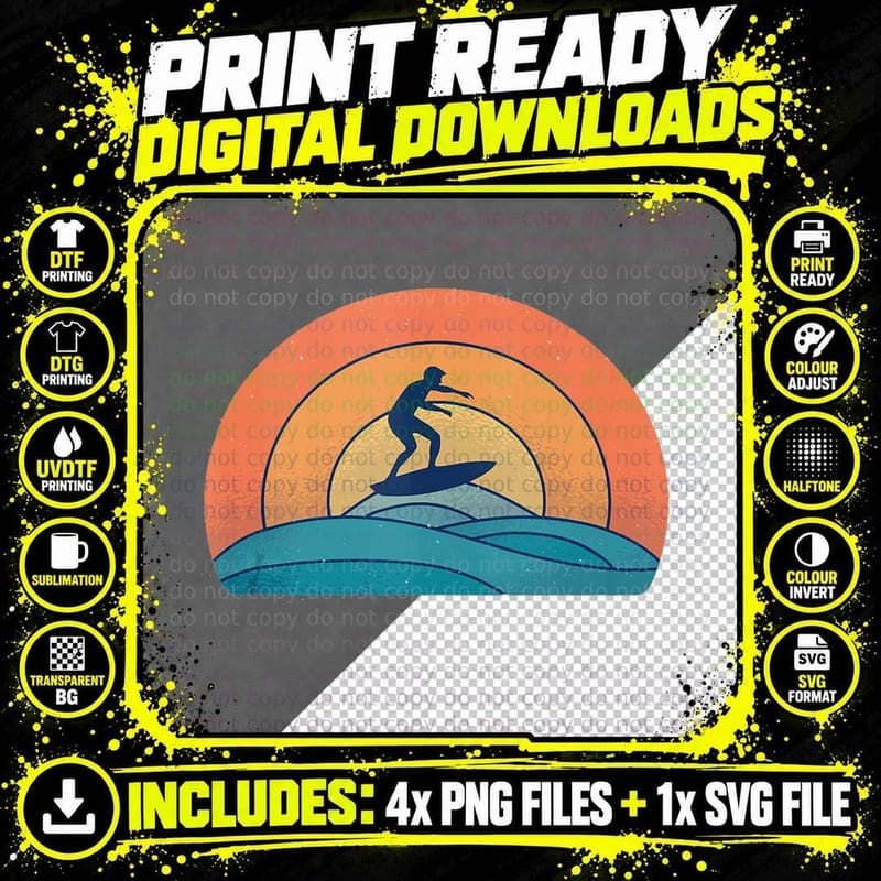 Vintage Surfing Beach Summer Retro Surf Surfer Gift Wave Png SVG Digital Bundle