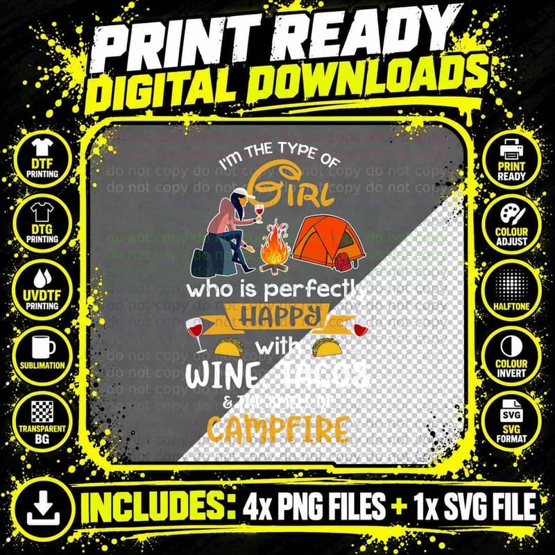 Wine Tacos and Campfire T-Shirt, Camping Adventure Style Png SVG Digital Bundle