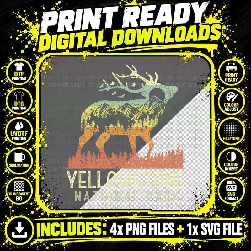 Yellowstone National Park Retro Vintage Mountain Elk Png SVG Digital Bundle