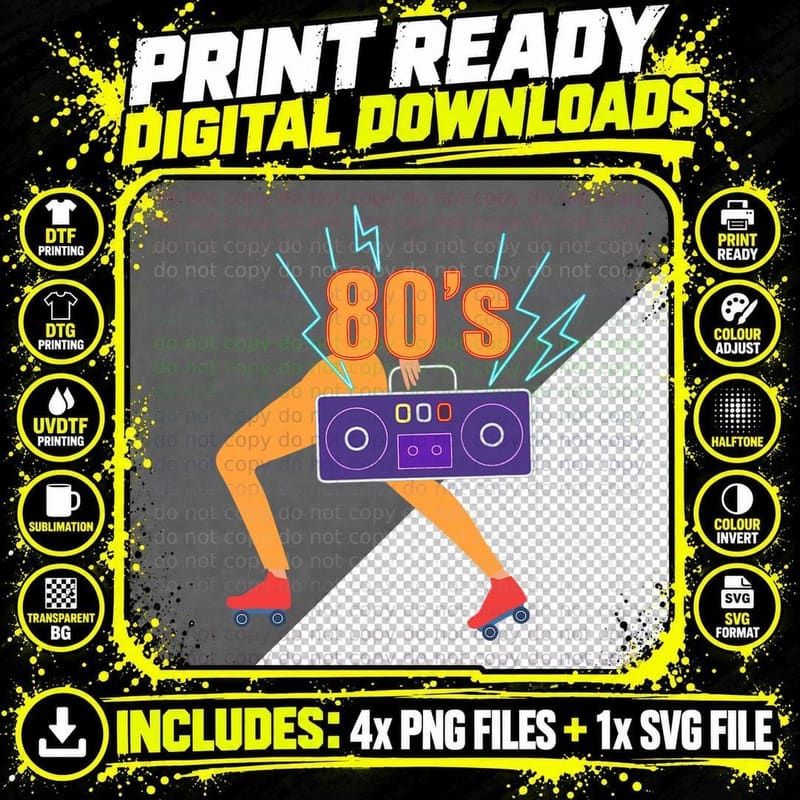 80s Vintage Roller Skate Disco Girl Boom Box T-Shirt Png SVG Digital Bundle