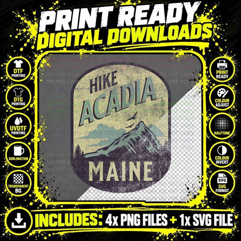 Acadia Maine Nature Hike Mountain Outdoors Vintage Png SVG Digital Bundle