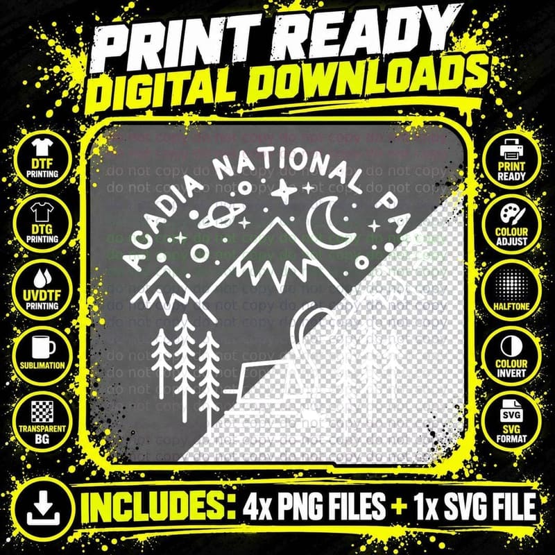 Acadia National Park Camping Line Art Hiking Gift T-Shirt Png SVG Digital Bundle