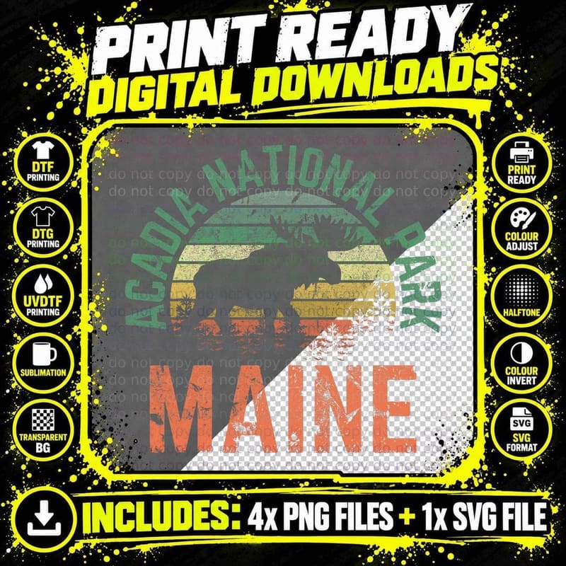 Acadia National Park Maine Moose Hiking Retro Sunset Png SVG Digital Bundle