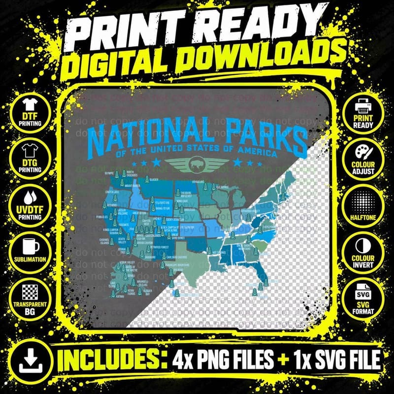 All U.s National Parks Map Camping 80s Graphic T-Shirt Png SVG Digital Bundle