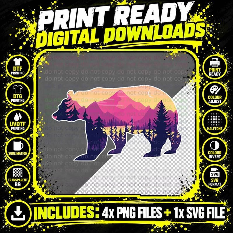 Bear Wildlife Animal Mountain Treeline Hike Surreal Png SVG Digital Bundle