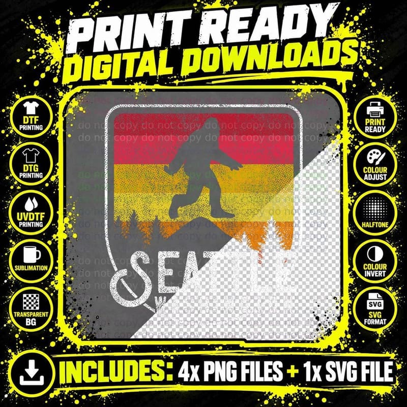 Bigfoot Sasquatch Seattle Washington Retro Hiking Png SVG Digital Bundle