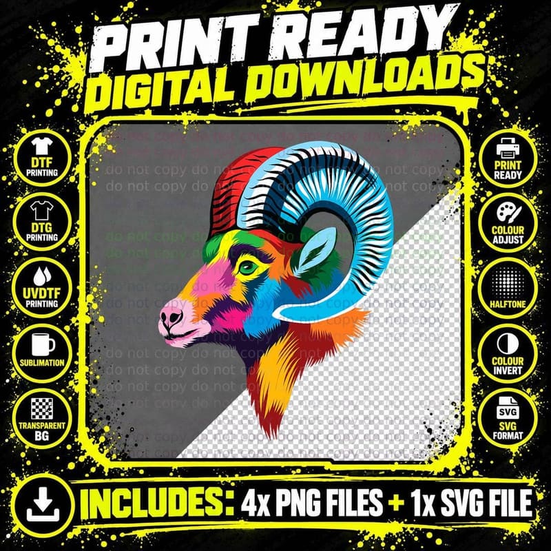 Colorful Bighorn Sheep Ram Head for Lovers Big Horn Png SVG Digital Bundle