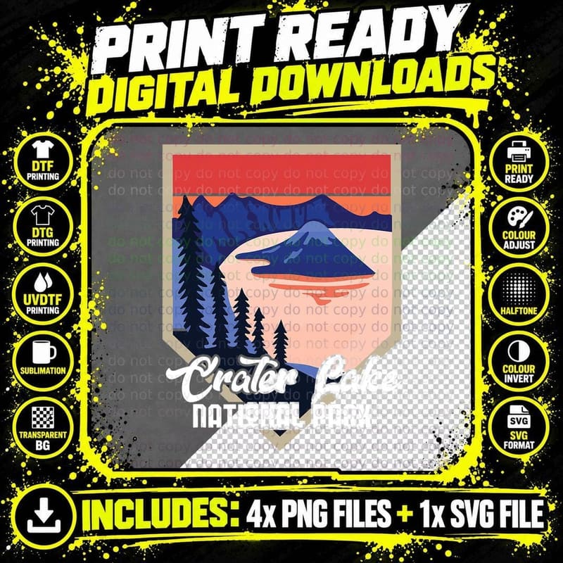 Crater Lake Souvenir National Park Oregon Hiking in Png SVG Digital Bundle