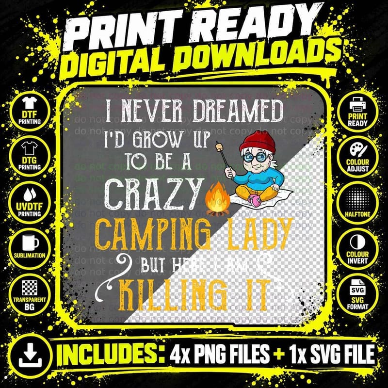 Crazy Camping Lady Shirt, Trail Life, Wanderlust Energy Png SVG Digital Bundle