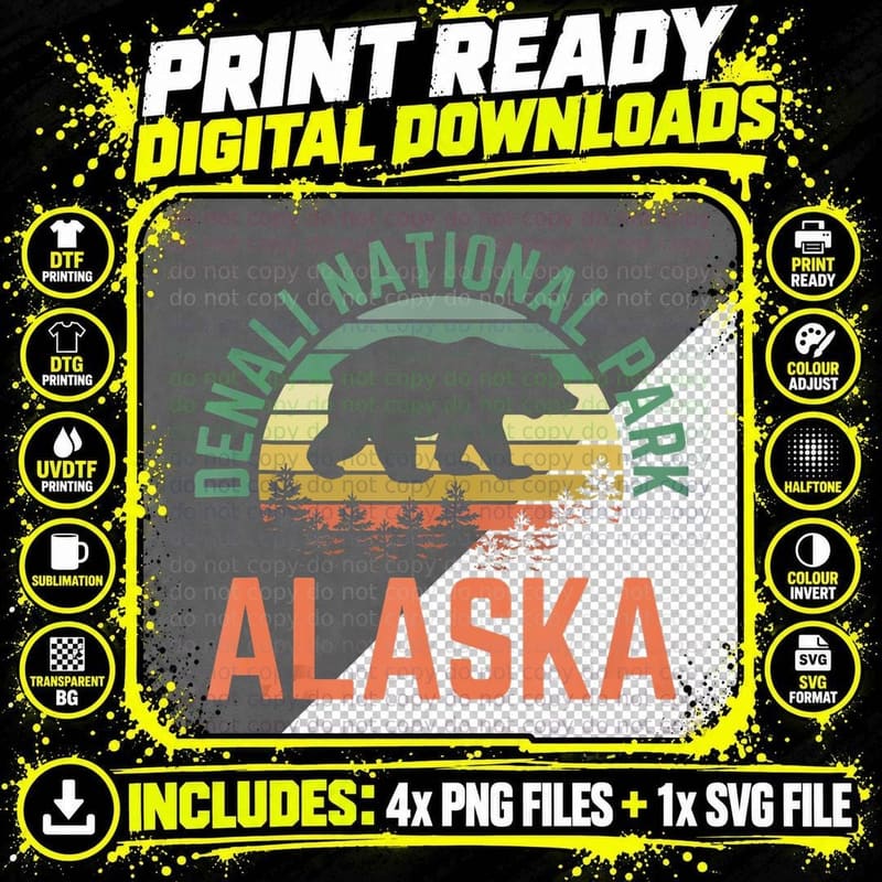 Denali National Park Alaska Bear Hiking Nature Retro Png SVG Digital Bundle