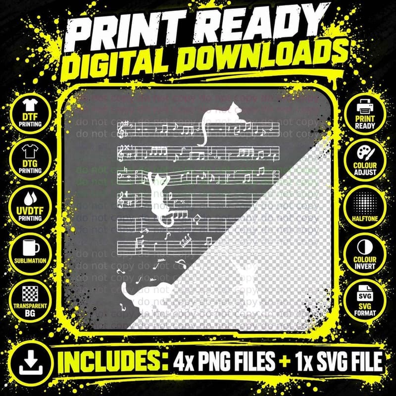 Funny Black Cat Climbing Playing Sheet Music Note Lover Png SVG Digital Bundle