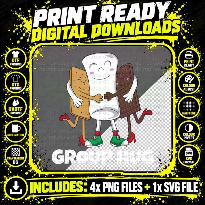 Funny Smores Marshmallow Chocolate Camping Group Hug Png SVG Digital Bundle