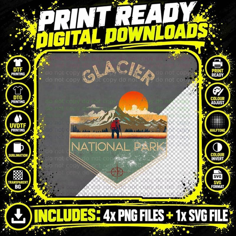 Glacier National Park Retro Vintage Hiking Apparel Png SVG Digital Bundle