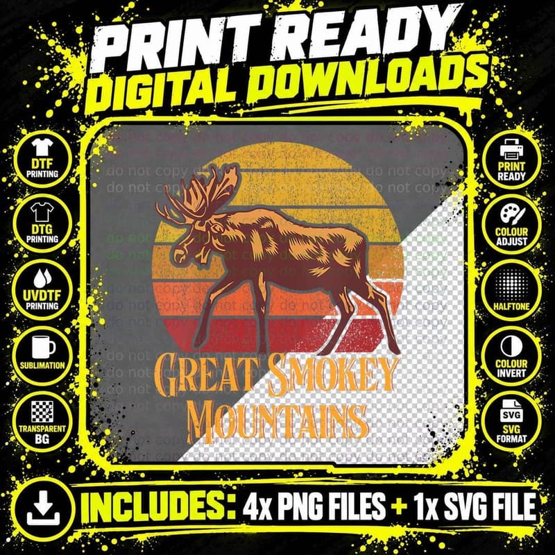 Great Smokey Mountains Moose Elk Dear Hiking Camping Png SVG Digital Bundle