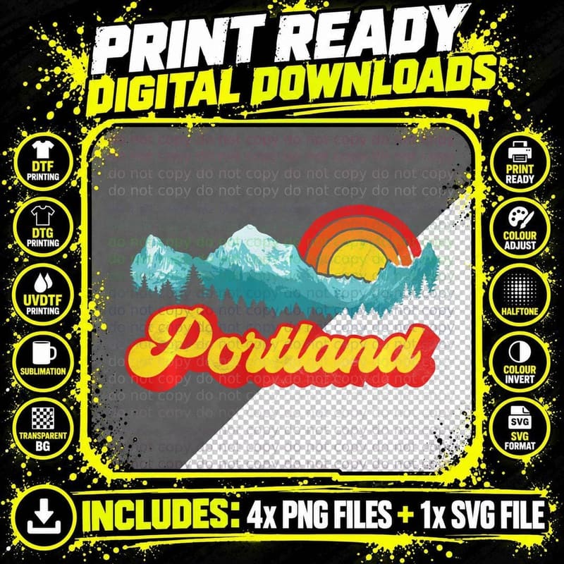 Groovy Portland Oregon Vintage Mountain Sun Retro Hoodie Png SVG Digital Bundle