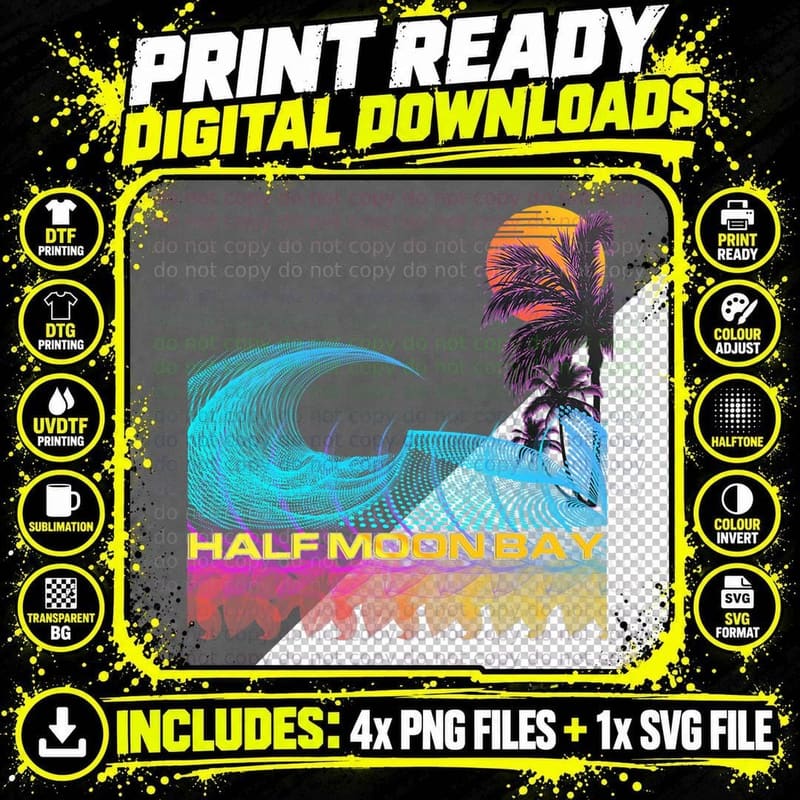 Half Moon Bay - Retro 80s Style Vintage Vaporwave Surf Png SVG Digital Bundle