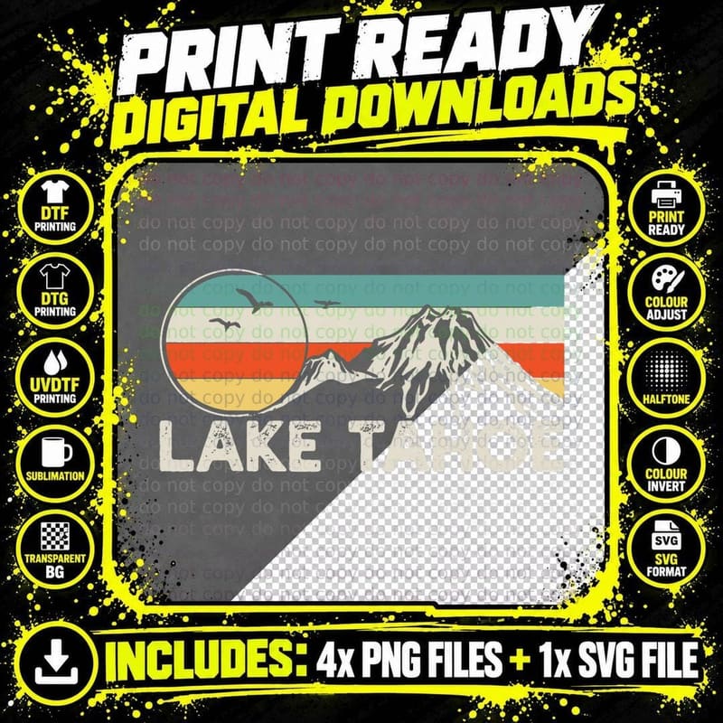 Lake Tahoe Mountain Hiking Hiker Retro T-Shirt Png SVG Digital Bundle