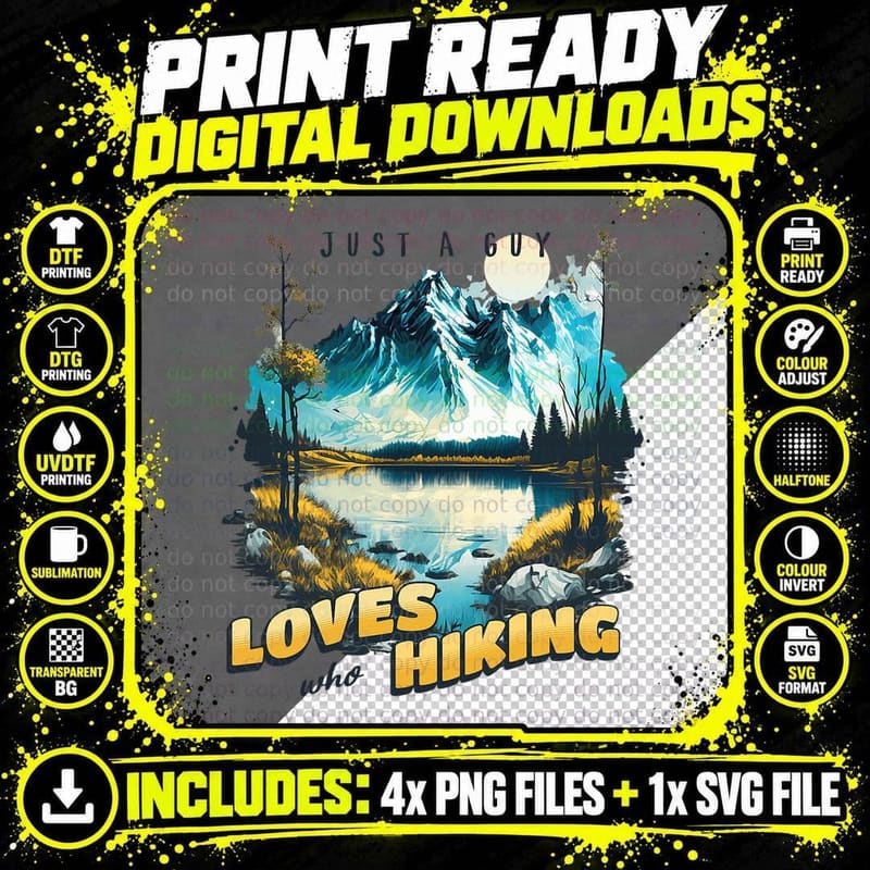 Mens Hiking Just a Guy Who Loves Hiking Mountain Lake Png SVG Digital Bundle