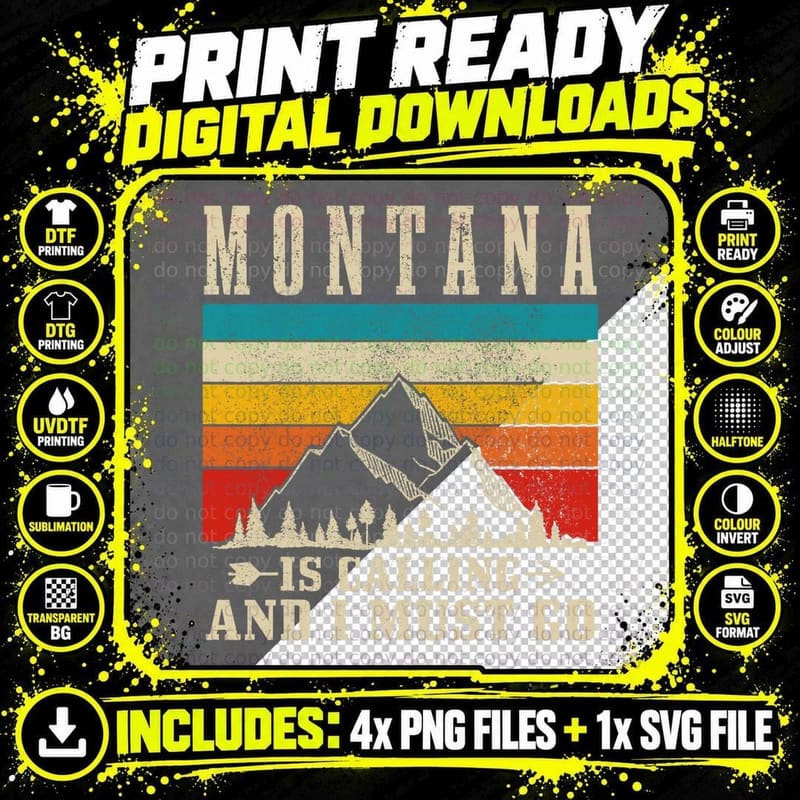 Montana Is Calling & I Must Go Vintage Mountains Hiking Png SVG Digital Bundle