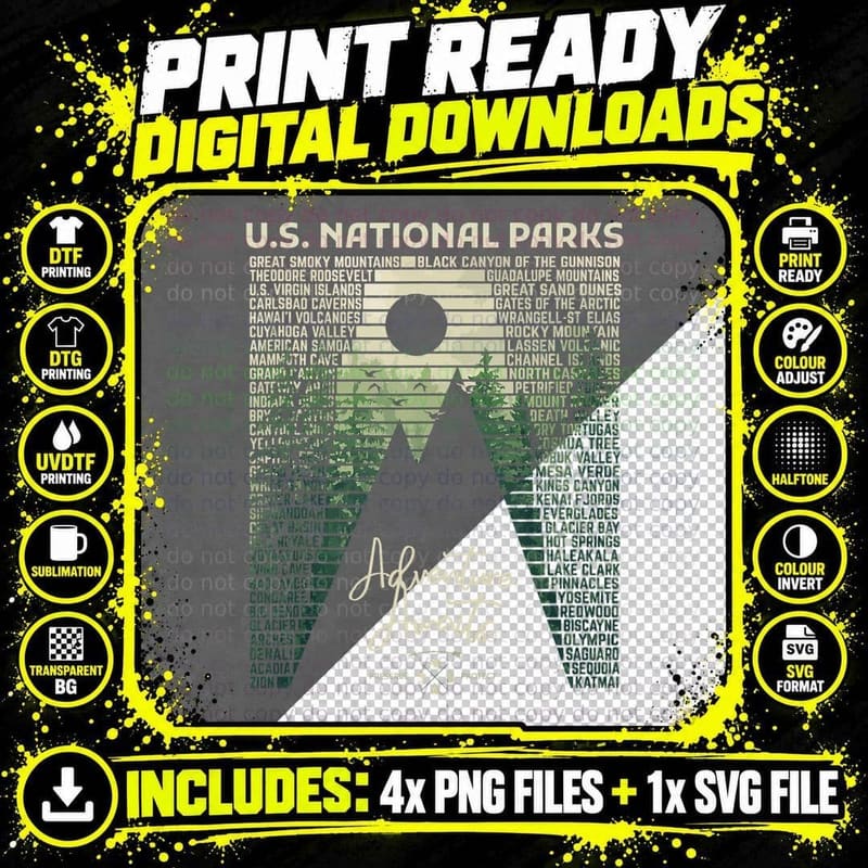National Parks List US Park Vintage Camping Hiking Men Png SVG Digital Bundle