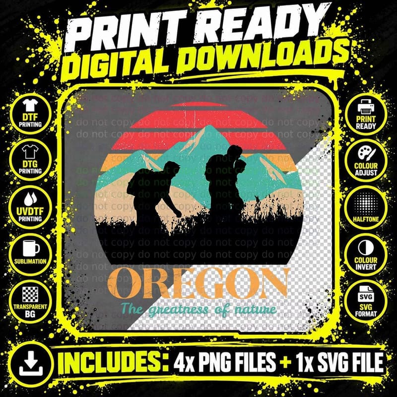 Oregon Hiking Mountains - Retro Aesthetic Design - Png SVG Digital Bundle