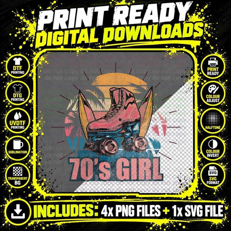 Retro 70's Girl Roller Skating Skate Disco 70s Png SVG Digital Bundle