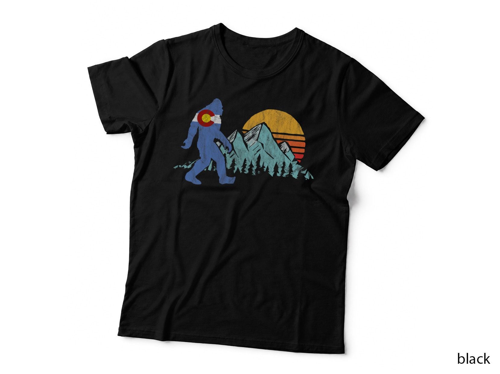 Retro Bigfoot Sun & Mountain State Flag of Colorado Graphic T-Shirt
