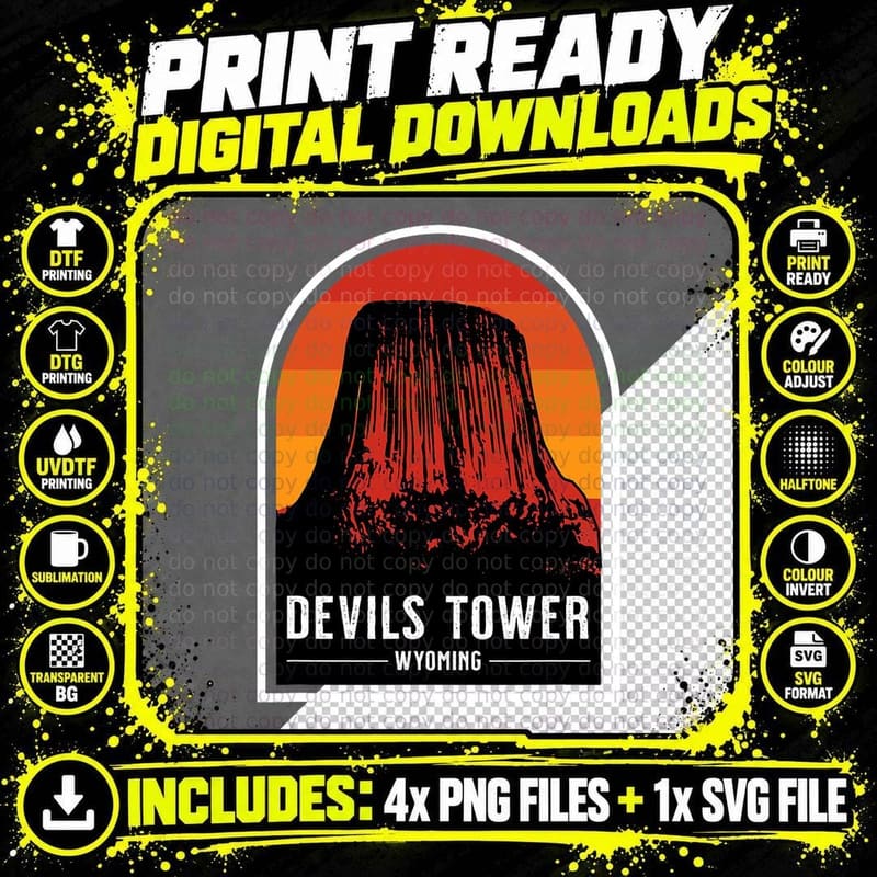 Retro Devils Tower National Monument Wyoming Hiking Png SVG Digital Bundle