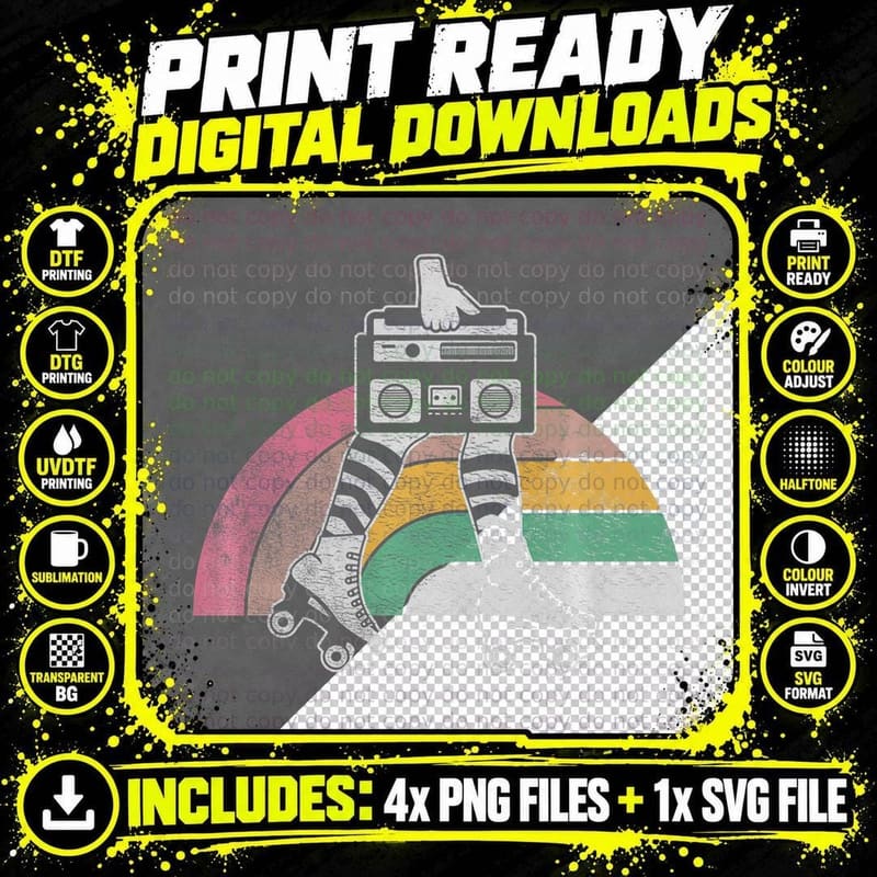 Retro Roller Skate Funny 80's Disco Skating Girl Gift Png SVG Digital Bundle