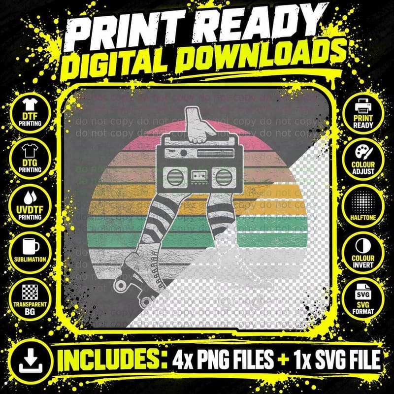 Retro Roller Skate Funny 80's Disco Skating Girl Gift Png SVG Digital Bundle