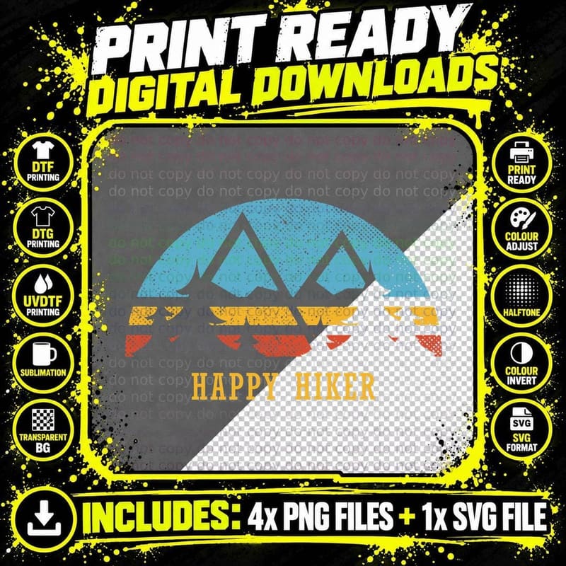Retro Sunset Hiking Go Happy Hiker Gift T-Shirt Png SVG Digital Bundle