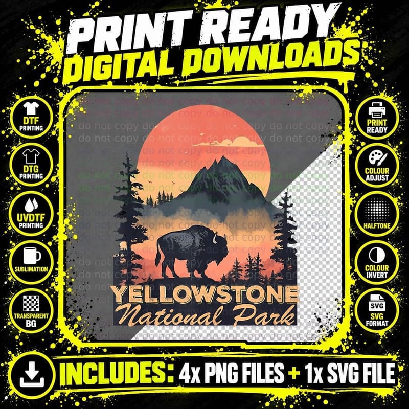 Retro Yellowstone National Park Wanderlust Adventure Png SVG Digital Bundle