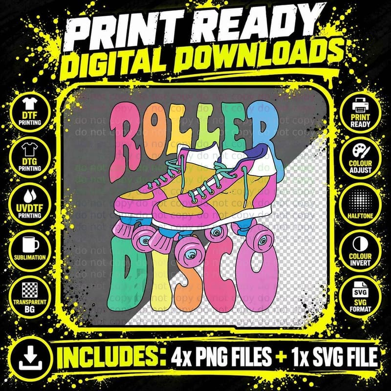 Roller Skate Shirt Retro 70s Derby Skater Girl Disco Png SVG Digital Bundle